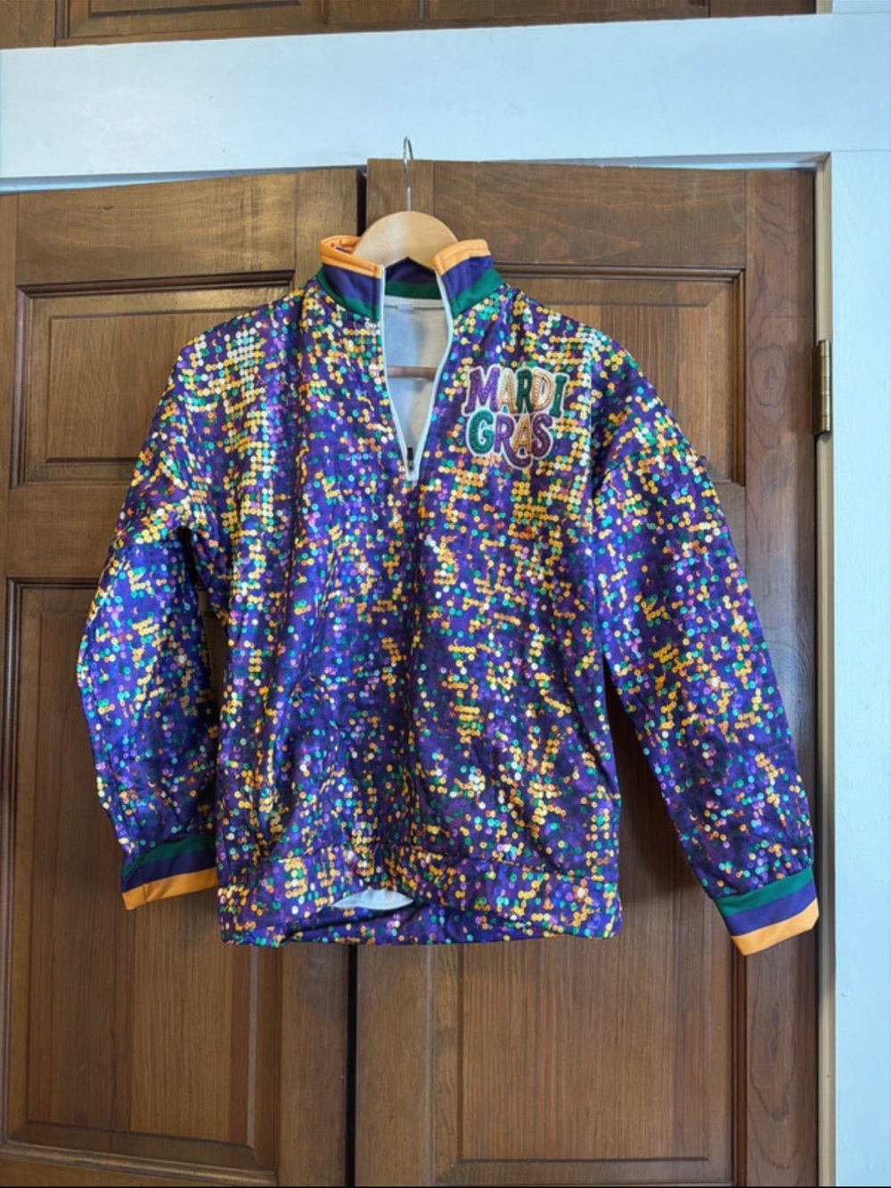 Women’s Mardi Gras sequin printed 3/4 zip sweater jacket